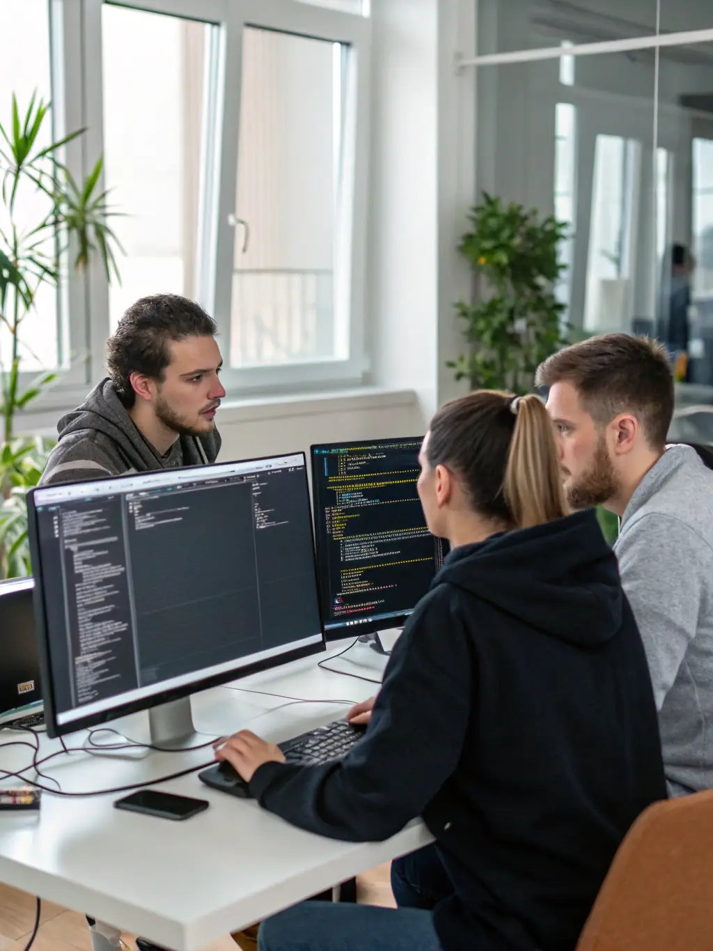 A software development team working on a shared platform, writing code and testing features to ensure seamless data integration and user experience.