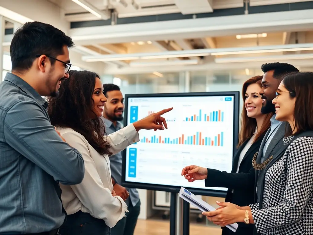 A diverse group of people collaborating around a large digital display showing interconnected data points, symbolizing community collaboration and data integration.