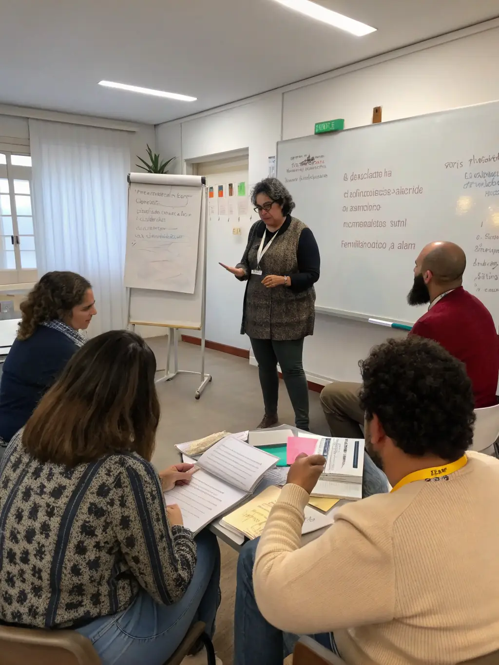 A group of consultants facilitating a workshop on communication protocols, guiding participants through the process of designing effective information exchange strategies.